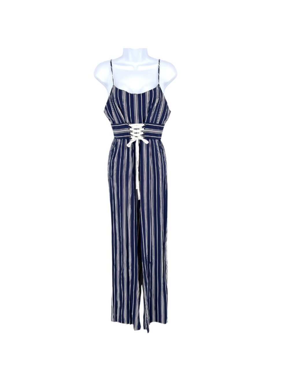 BB Dakota Resortwear Blue White Striped Jumpsuit Lace-Up Waist Size 4 NWT